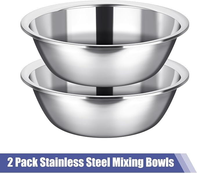 Nuogo 2 Pack Large Mixing Bowls 17 Quart Stainless Steel Flat Base | Big Bowls for Baking, Marinating, Meal Prep, Metallic Finish Stainless Steel, Commercial Grade, Flat Base Stability