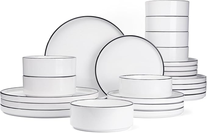 Famiware Nebula 24-Piece Dinnerware Set, White with Black Rim | Stoneware Dish Set for 8, Plates and Bowls, Microwave and Dishwasher Safe, Chip and Scratch Resistant