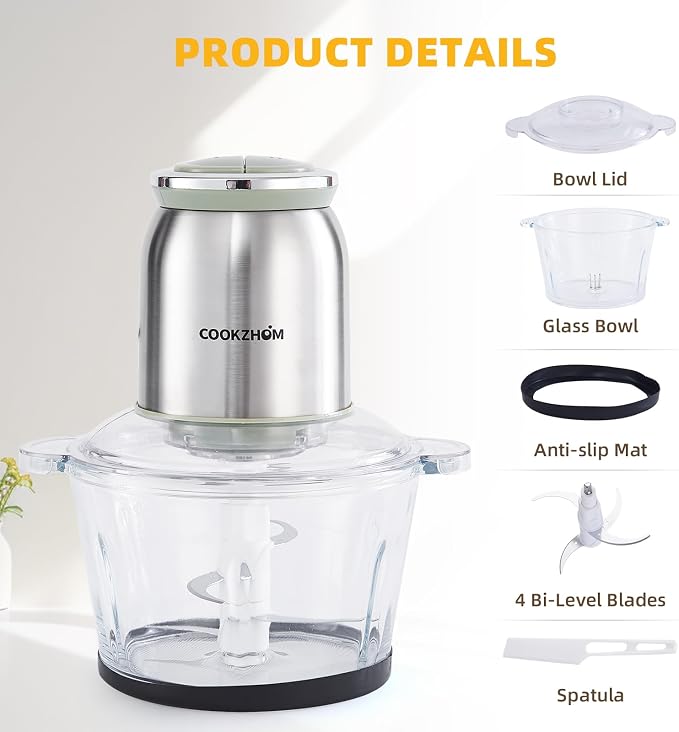 Silver Food Processor,500W Electric Meat Grinder with 8 Cup Glass Bowl and 4 Sharp Blades, Food Chopper & Vegetable Chopper for home use,Meat Processor, Vegetables, Fruits and Nuts