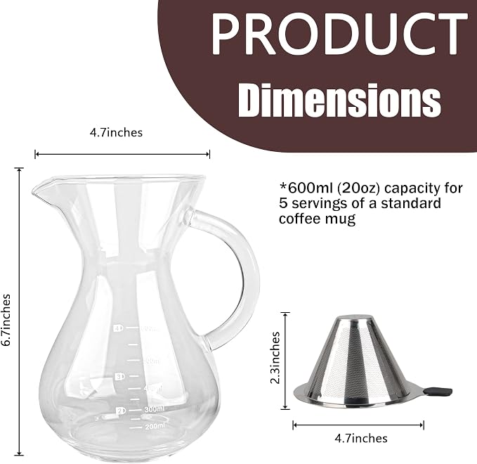 T-mark Pour Over Coffee Maker with Reusable Double-layer Stainless Steel Filter, 600ml/20oz BPA-Free Glass Coffee Carafe, Glass Coffee Maker, Coffee Dripper Brewer | BPA-Free Glass Coffee Carafe, Glass Coffee Maker, Coffee Dripper Brewer