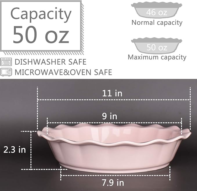 Ceramic Pie Pan, 9 Inches Pie Dish, 50 oz, Pie Plate for Baking, Microwave, Oven Safe and Dishwasher safe (Pink, 9 inches)