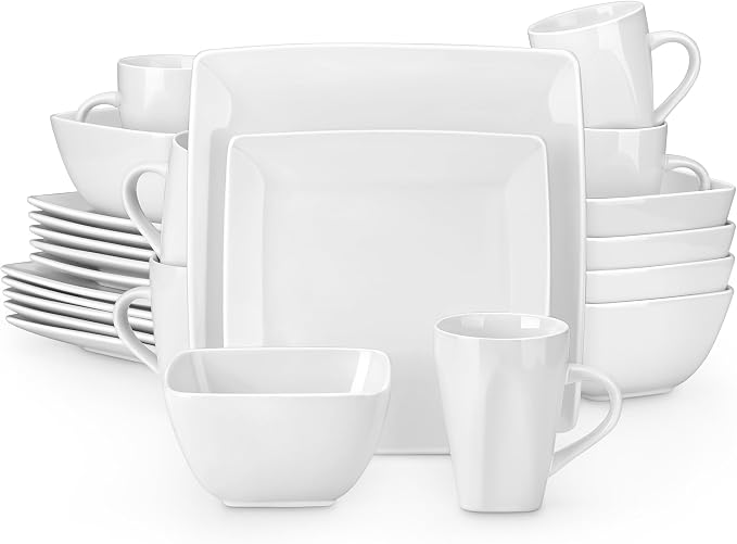 vancasso Soho Dinnerware Sets 24 Pieces, White Stoneware Square Place Setting, Dinner Plate, Dessert Plate, Cups and Plates Sets for Kitchen, Dish Set for 6, White