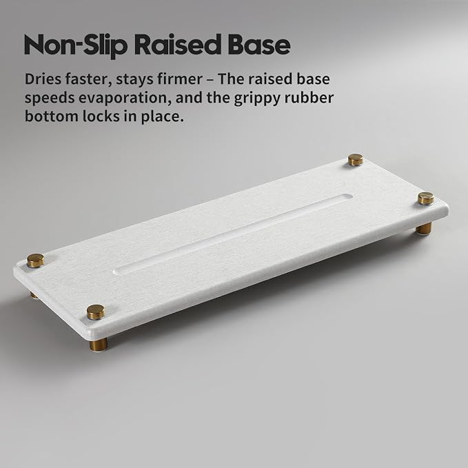 Water Absorbing Stone Sink Caddy Kitchen Sink Organizer Tray, Diatomite Bathroom Counter Tray, Gold Faucet Drying Mat Coaster Soap Dish Rack Riser Dispenser Sponge Holder, Beige 12.5" x 4.5"