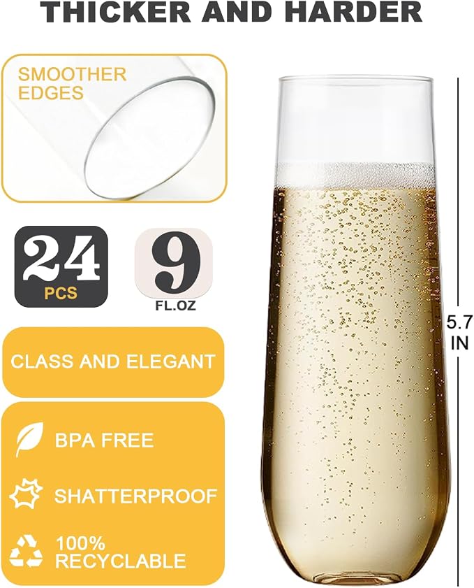 24 Pack Plastic Champagne Flutes, 9 Oz Disposable Wine Mimosa Glasses | Clear Stemless Champagne Flutes Cocktail Glasses, Plastic Cups for Bridal Shower Bachelorette Party Mimosa Bar