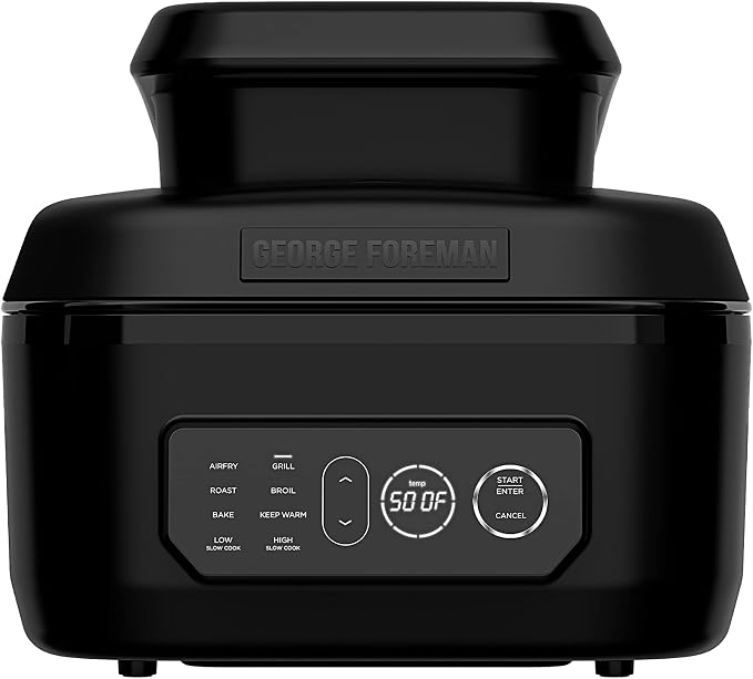 George Foreman Beyond Grill™ 7-in-1 Electric Indoor Grill with Air Fry Technology, MCAFD800D, Black, Large | 7-in-1 grill with air fry, roast and bake functions, 500°F searing and no-defrost cooking.