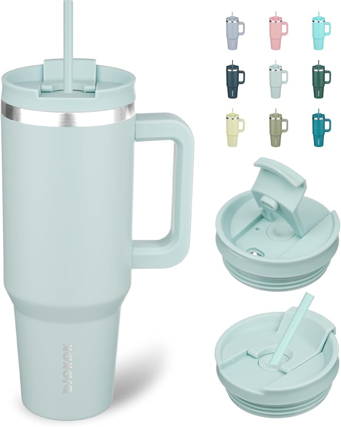 BJPKPK 40 oz Insulated Tumbler with Handle & Straw, Stainless Steel | Double Wall Vacuum Insulation, Leak Proof, BPA Free, Dishwasher Safe, Cupholder Friendly, Travel & Outdoor, Blue Haze
