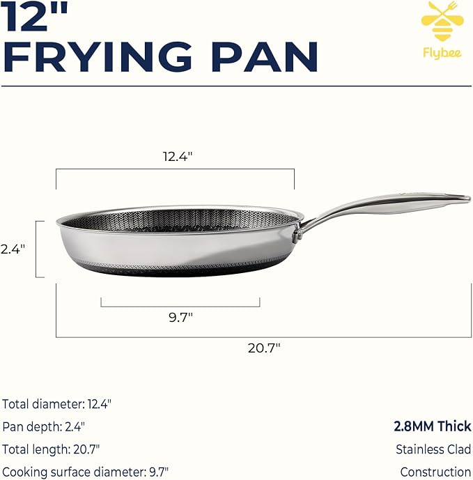 12 Inch Hybrid Nonstick Frying Pan, Tri-Ply Stainless Steel Pan with Non-Toxic Ceramic Coating, FDA Compliant & PFAS-Free, Dishwasher & Oven Safe, Induction & All Cooktops Compatible