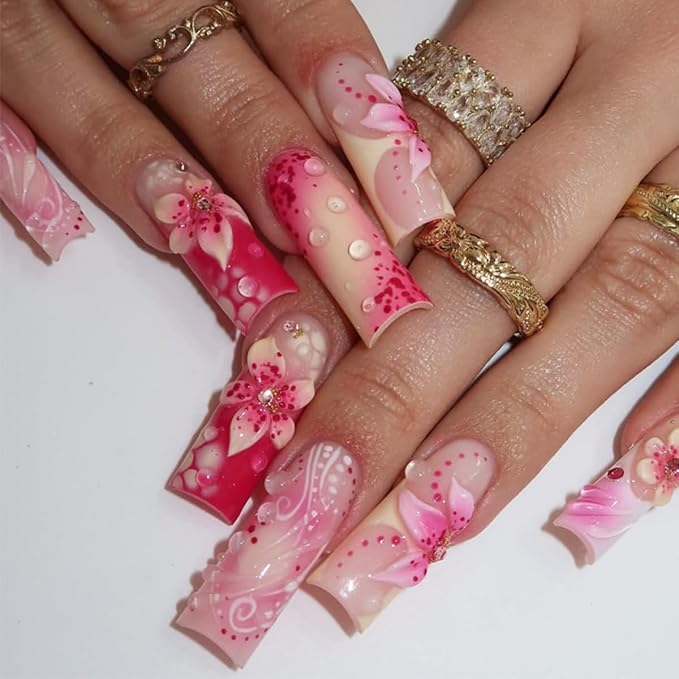 24Pcs Long Coffin Press On Nails Pink Gradient Fake Nails with 3D Flower& Rhinestone Design Summer Glue On Nails Acrylic Nail Tips False Nails Full Cover French Tip Stick on Nails for Women Manicure