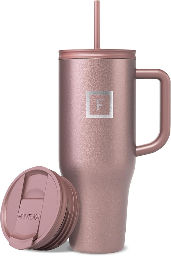 IRON °FLASK 40 oz Co-Pilot Insulated Travel Mug | Insulated Travel Mug with Straw & Flip Cap Lids - Cup Holder Fit, Leakproof, BPA Free (Rose Gold)