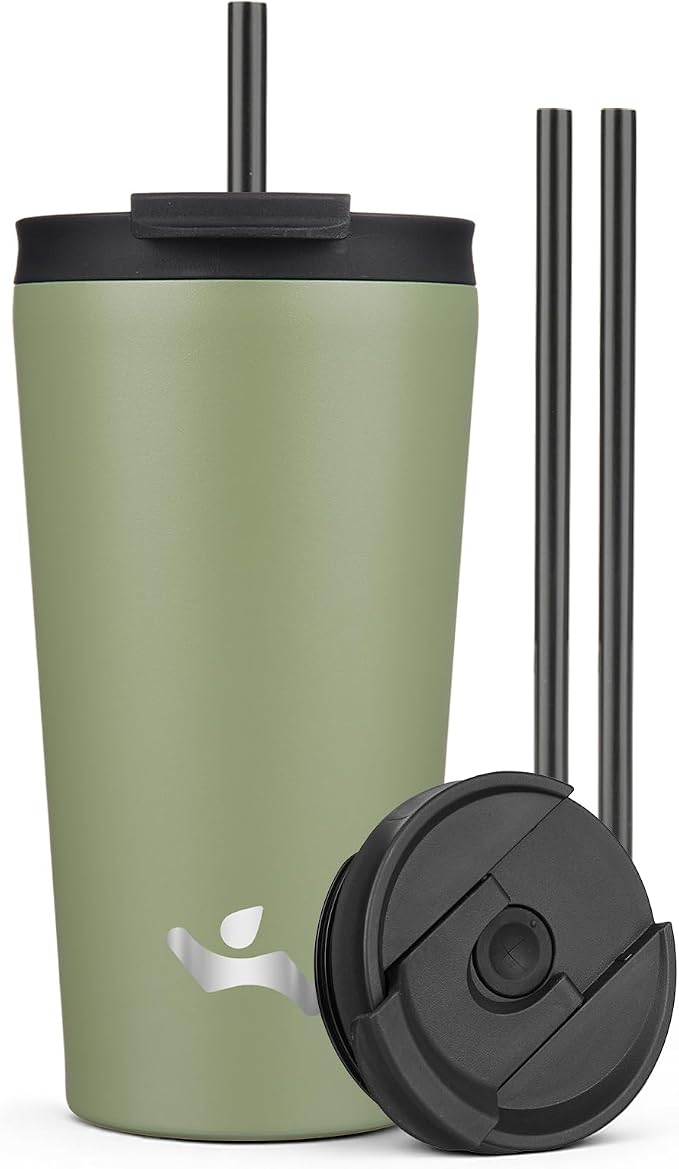 Konokyo 18 oz Insulated Tumbler Water Bottle with Straw Lid, ArmyGreen | Stainless steel insulated tumbler for coffee, water and iced drinks; spill-proof lid, 2 straws, cup-holder friendly