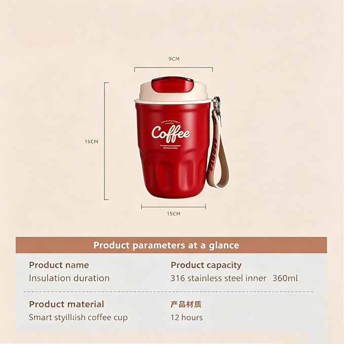 Coffee Vacuum Flask, Portable Coffee Cup with Lid & Handle, Lightweight Insulated Coffee Vacuum Flask, Travel Coffee Mug for Hot And Cold Drinks (Red, Temperature Display)