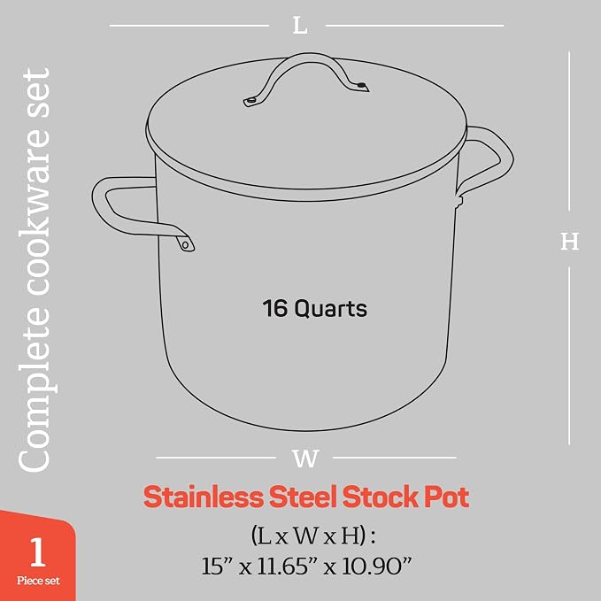Stainless Steel Stockpot with Tempered Glass Lid 16 Quart, Durable 18/0 Stainless Steel, Impact-Bonded Base for Even Heating, Riveted Handles, Oven & All Stove Compatible, Safe Up To 500°F (260°C)
