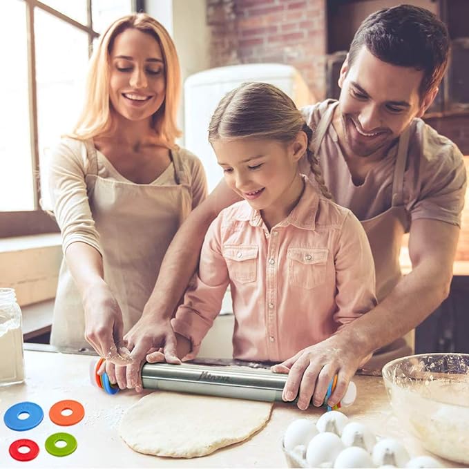 Rolling Pin and Silicone Pastry Mat Set with Adjustable Thickness Rings | Roll Dough to Perfect Size & Thickness, Stainless Steel Dough Roller for Baking Fondant, Pizza, Pie, Pastries, Pasta, Cookies