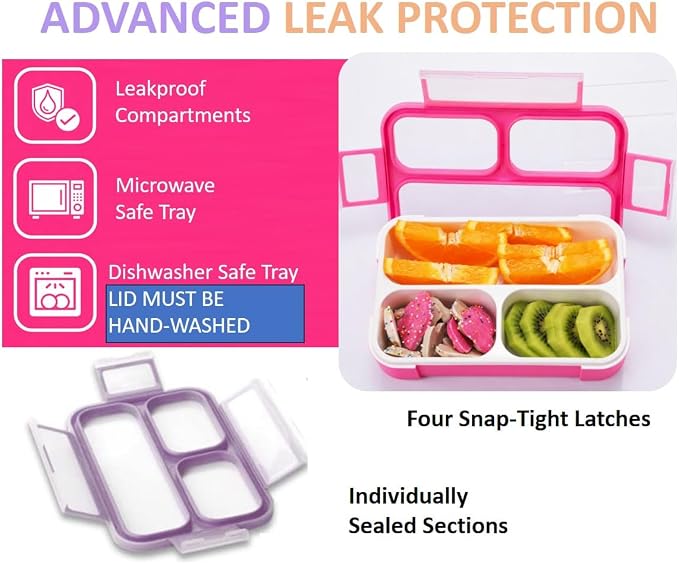 kinsho Small Snack Box Containers for Kids, Set of 3 (Pink+ Purple+ Coral) | 3 Compartments, Leak-Proof, Spill Proof, BPA-Free Reusable Small Mini Bento Lunch Box for Daycare School Travel, Holds 2 Cups