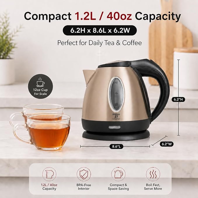 Moss & Stone Stainless Steel Electric Kettle, 1.2L Cordless 1500W | Small, portable hot water tea kettle, fast boiling pot, boil-dry protection, auto shut-off, blue Illuminate LED light