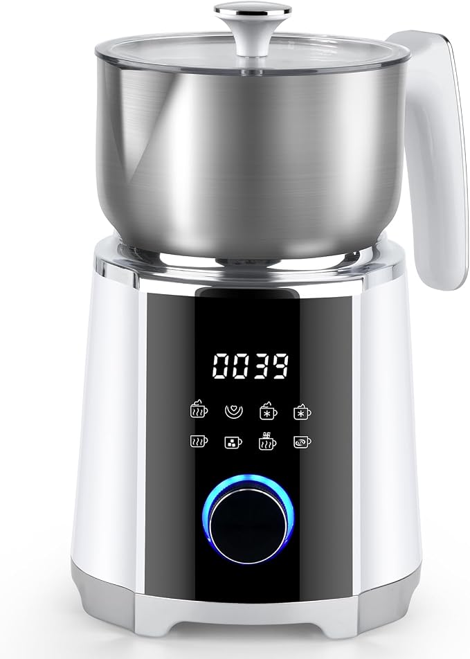 Milk Frother and Steamer, 8 in 1 Detachable Electric Milk Frother, Automatic Warm and Cold Foam Maker, Variable Temperature and Froth Thickness for Latte, Macchiato, Cappuccino, 20.29oz/600ml, White