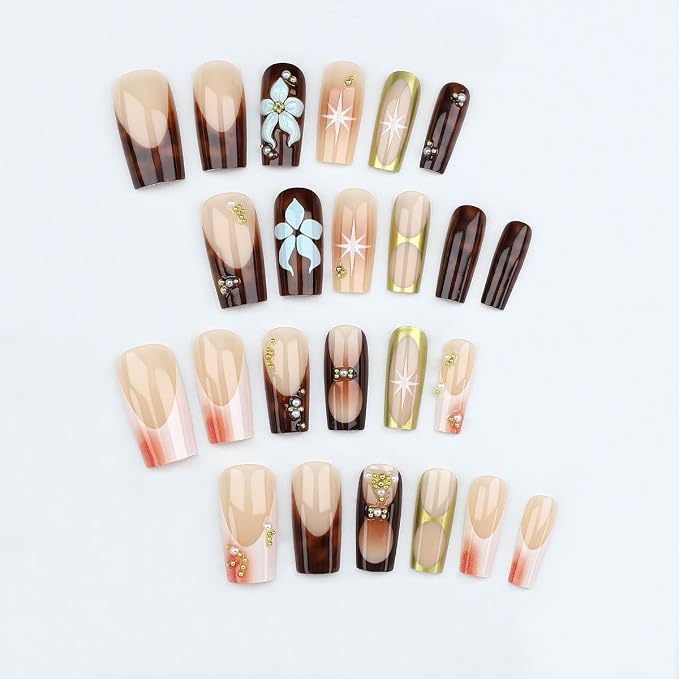 WLGDLH Brown French Tip Press on Nails Medium Square Fake Nails Press ons Nail Tips Kit with Flower Leopard Print Design Nude Glossy False Nails Full Cover 3D Gold Beads Glue on Nail for Women 24Pcs