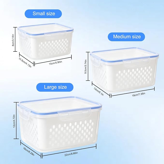 3 PCS Fruit Storage Containers for Fridge,Removable Colander,Fresh Longer | Airtight Food Storage Containers,Keep Fresh Longer,Household Transparent Plastic Food Storage Box-Including Drain Basket