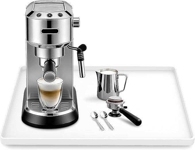 Silicone Coffee Maker Mat with Lip for Countertops, 15.7'' x 11.8'', White | Multi leak-proof coffee tray for countertop, non-slip silicone mat fits most coffee makers & espresso machines, wipe-clean