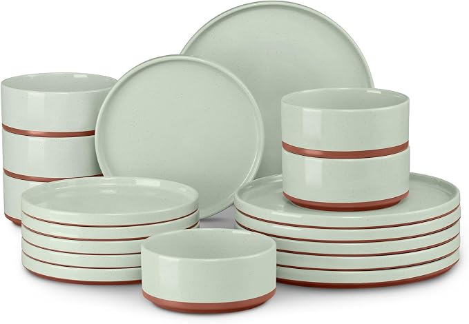 LIANYU 18 Pieces Porcelain Dinnerware Sets, Premium Plates and Bowls Set | High-Fired Ceramic Dishes Set for 6, Chip & Scratch Resistant, Microwave Dishwasher Safe, Laurel Green