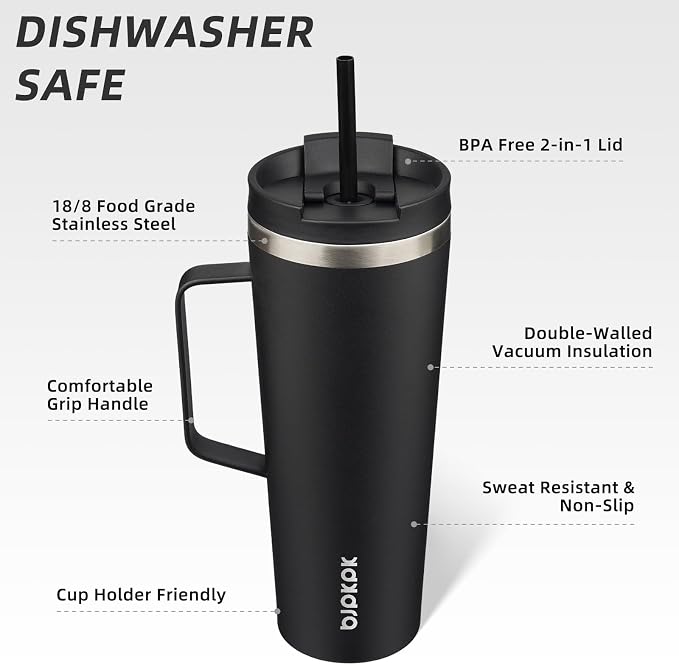BJPKPK 26oz Insulated Tumbler with Handle, Lid & Straw, Stainless Steel | Double Wall Vacuum Insulated Coffee Travel Mug - Keeps Cold & Hot, BPA Free, Cupholder Fit for Office, Gym & Travel