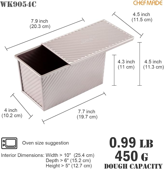 CHEFMADE Pullman Loaf Pan with Lid, 1Lb Dough Capacity Non-Stick Rectangle Corrugated Toast Box for Oven Baking 4" x 7.7"x 4.3"(Champagne Gold)
