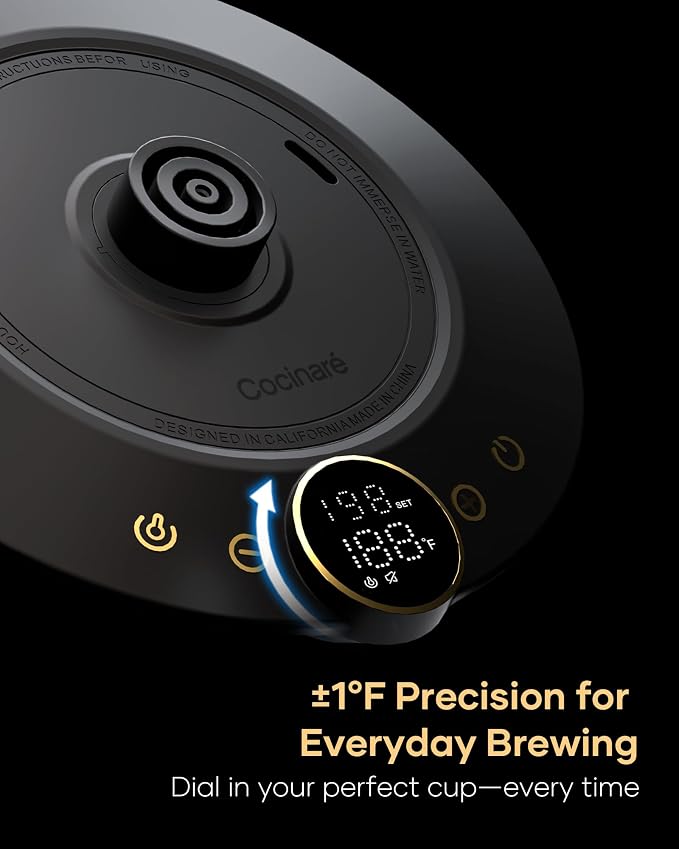 Cocinare Gooseneck Electric Kettle, ±1°F Precise Temperature Control, 1500W Fast Heating, Pour Over Coffee & Tea Kettle with Brew Timer & Keep Warm, Stainless Steel, 0.9L (Bright Bronze)