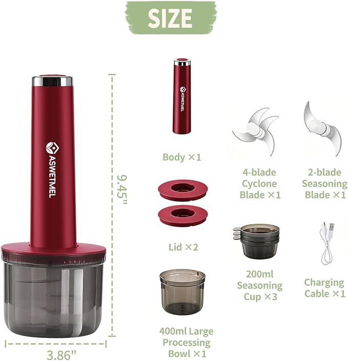 Electric Mini Food Processor Small, ASWETMEL 4-Cup Portable USB Small Food Processor, Garlic Mincer, for Dicing, Mincing, and Puree, Red
