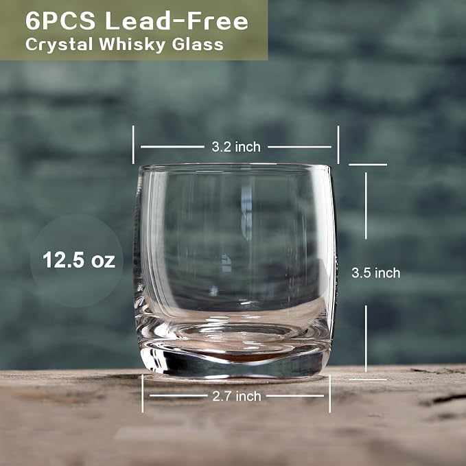 Whiskey Glasses Set of 6, Premium Crystal Bourbon Glass, 12.5 oz Drinking Glasses for Scotch, Cocktail, Whisky and Juice, Transparent Rocks Glasses, Dishwasher Safe Glassware, Gifts for Christmas
