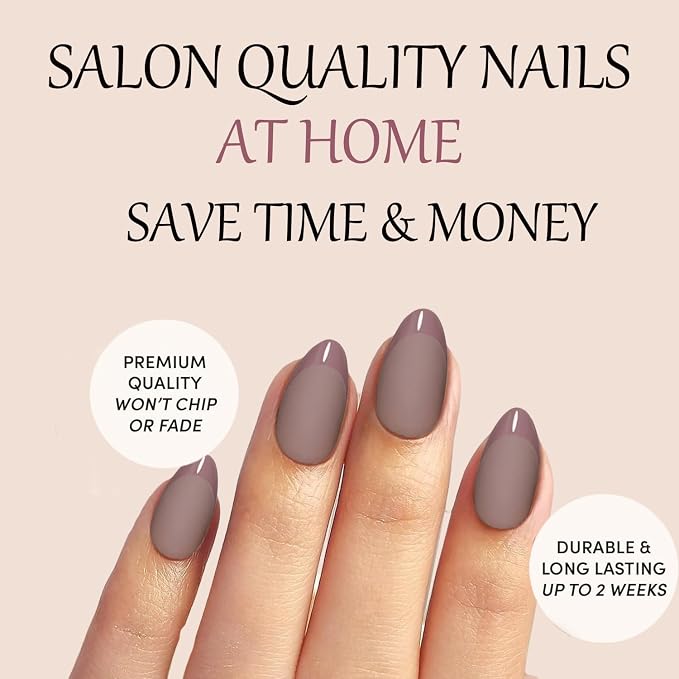 Press On Nails,Brown,Short Almond,Glossy French Tips With Matte | Salon-Quality Natural Nails, 10-Minute Easy Daily Application,2+ Weeks Wear, Fast Removal, 16 Sizes, All-in-One Complete Kit