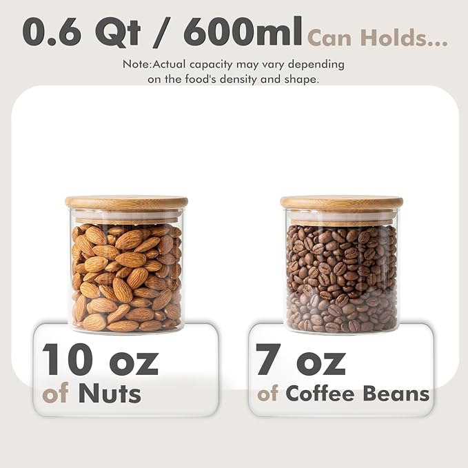 6-Pack 0.6Qt Small Round Glass Storage Jars with Bamboo Lids | Minimalist Kitchen Organizer,Pantry Storage Container,Food Storage Container,Scandinavian Style Storage,Nordic Style Storage