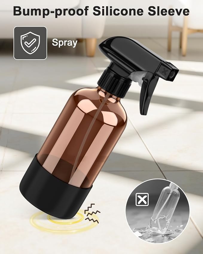 Bontip Amber Glass Spray Bottle, 8 oz with Black Silicone Sleeve, 1 Pack | Refillable amber glass bottle, With protective silicone sleeve, BPA-free, UV shielding, Great for cleaning solutions,plants