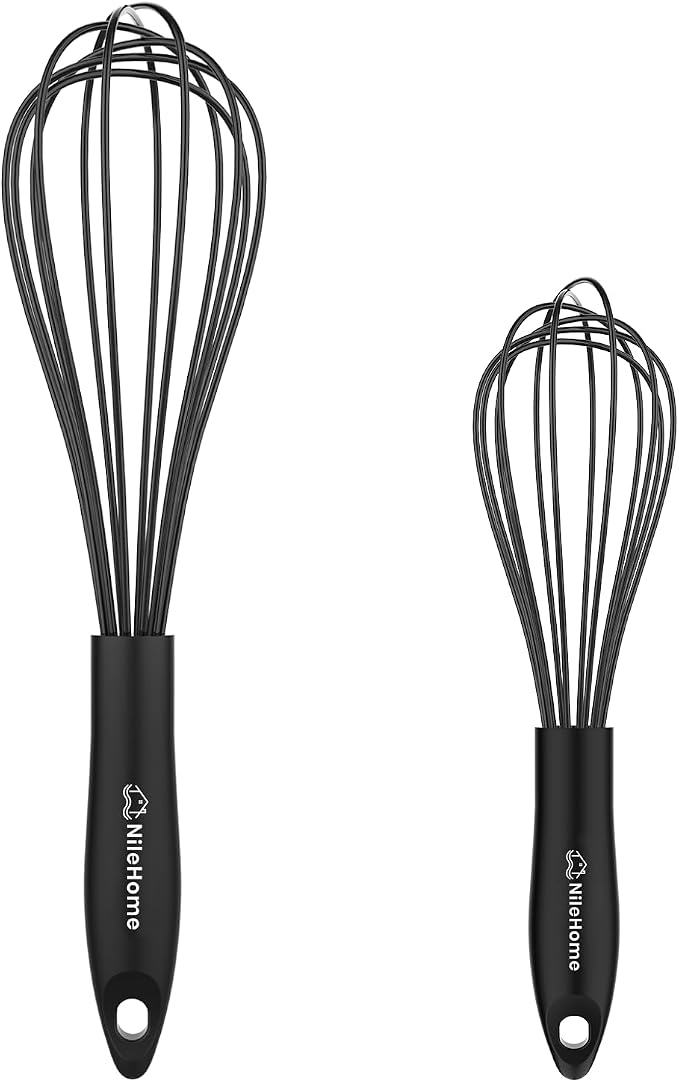 NileHome Silicone Whisk Set 8" 10" Kitchen Whisk Kitchen Wisk Wire Whisks for Cooking, Whisking, Blending, Beating, Stirring-Black