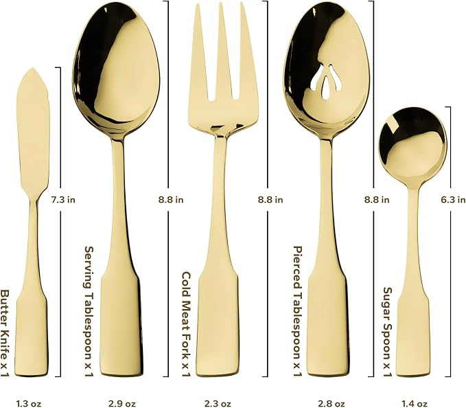 Alata Kate Champagne Gold Mirror 45-Piece Silverware With Utensil-Serving Set, Service for 8, Stainless Steel Flatware, Mirror Polished Cutlery, Dishwasher Safe
