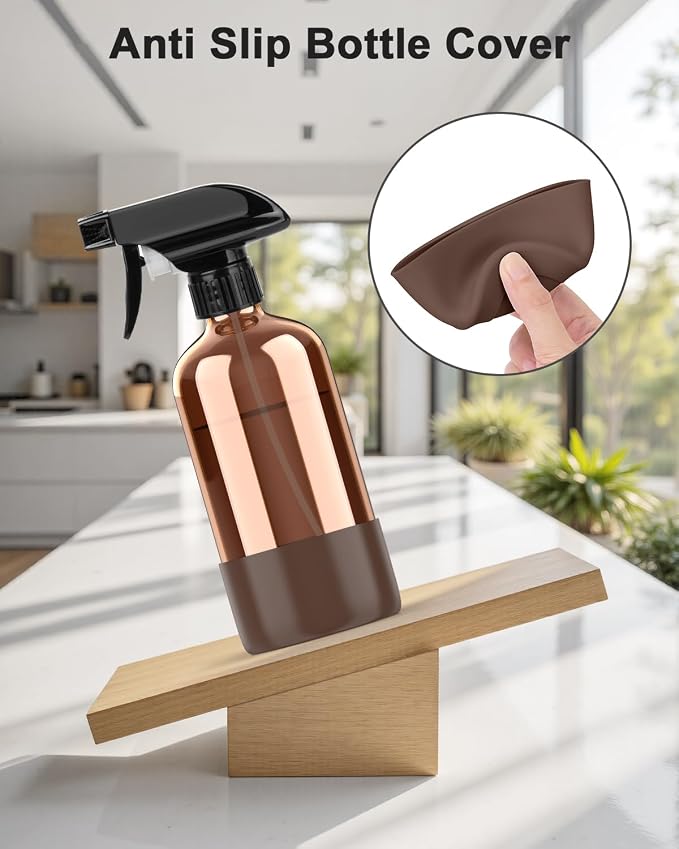 Bontip Amber Glass Spray Bottle, 16 oz with Brown Silicone Sleeve, 1 Pack | Refillable amber glass bottle, With protective silicone sleeve, BPA-free, UV shielding, Great for cleaning solutions,plants