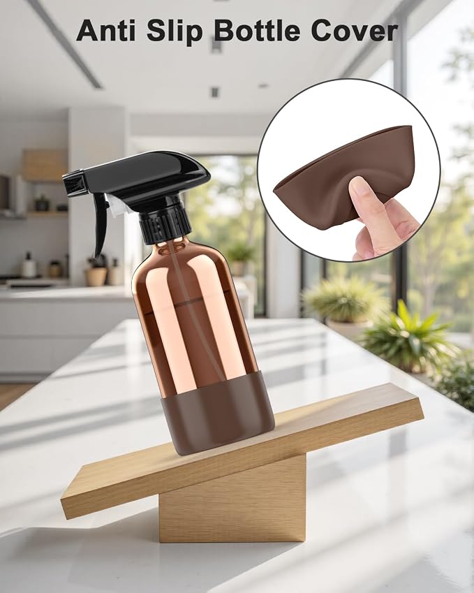 Bontip Amber Glass Spray Bottle, 8 oz with Brown Silicone Sleeve, 1 Pack | Refillable amber glass bottle, With protective silicone sleeve, BPA-free, UV shielding, Great for cleaning solutions,plants