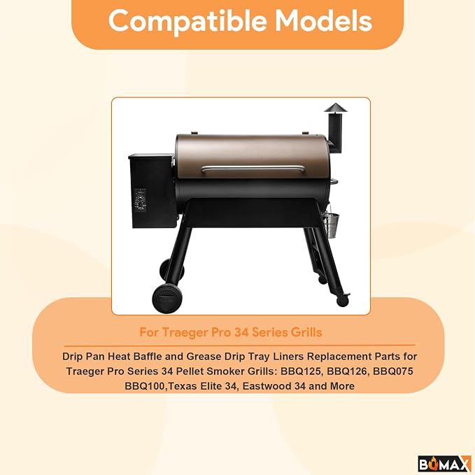 BQMAX Drip Pan Heat Baffle and Aluminium Grease Drip Tray Liners for Traeger Pro 34 Series Tex Elite Newer Tex Elite Pellet Smoker Grills, Suitable for Traeger Pro 34 Accessories BAC006 BAC410