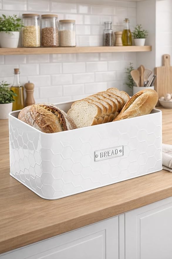 Bread Box for Countertop, Small White Metal Bin with Bamboo Lid | Small farmhouse bread storage container and bread bin with cutting board lid for homemade bread and baked goods organization.