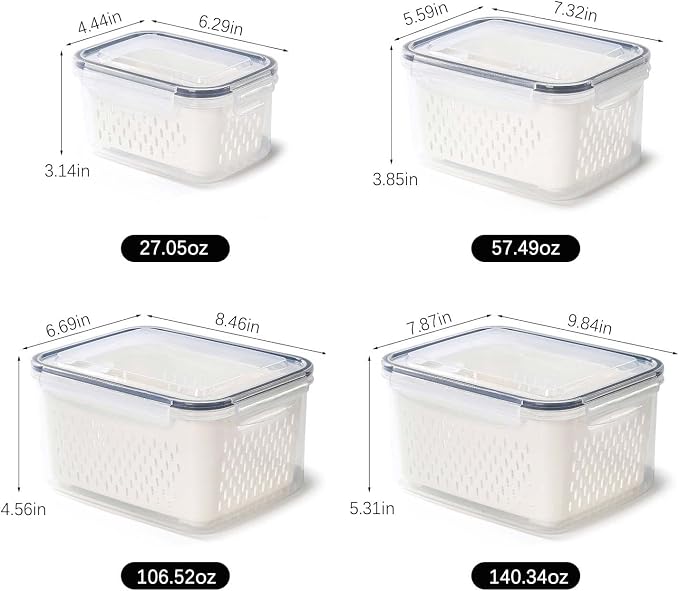 4 Pack Fresh Food Storage Containers, Large Capacity Produce Saver Box with Drain Baskets & Lid, Fridge Organizer, Airtight Fruit Organizer for Refrigerator, Stackable Plastic Fruit Veggie Saver