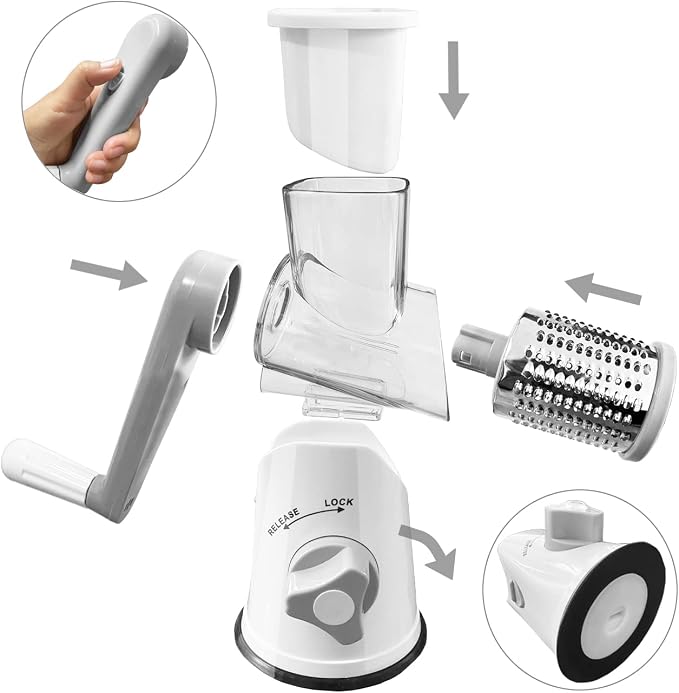 Handheld Rotary Cheese Grater Shredder- 3 Interchangeable Stainless Steel Drum Blades Manual Round Mandolin Vegetable Slicer Nut Grinder with Upgraded Strong Suction Base & Free Sharp Peeler, White