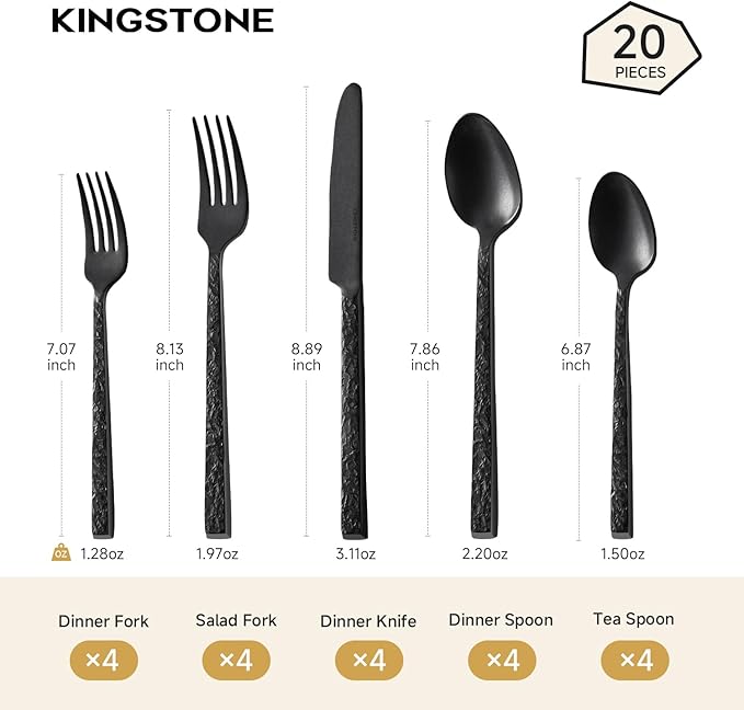 20 Pcs Black Hammered Silverware Set for 4, 18/10 Stainless Steel Heavy Duty Flatware Set, Tableware Cutlery Utensil Sets for Home Restaurant Dishwasher Safe