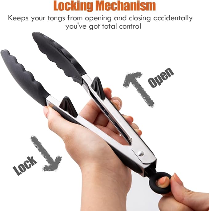 9" Kitchen Tongs for cooking with Silicone Tips, 3Pcs Serving Tongs, Black | Small Silicone Tongs mit kickstand, Food Grade, 3 different type of tongs, Stainless Steel