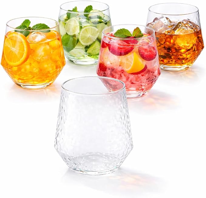 40 Pack Disposable Plastic Wine Glasses 12 oz Diamond Stemless Clear Cups | Cocktail Whiskey Champagne, Shatterproof BPA-Free Reusable Recyclable, Hammered Design for Wedding Party Birthday