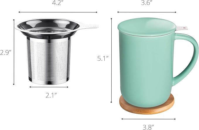CEEFU 16oz Porcelain Tea Mug with Infuser, Lid and Coaster | Teaware with Filter, Loose Leaf Tea Cup Steeper Maker, Tea/Coffee/Milk/Women/Office/Home/Gift, Mint Green