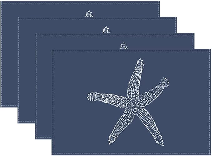 Summer Coastal Placemats Set of 4, Beach Theme Ocean Navy Blue Starfish Decorative Table Mat 12 x 18 Inch Heat Resistant Non Slip Line Fabric Nautical Place mat for Dining Table