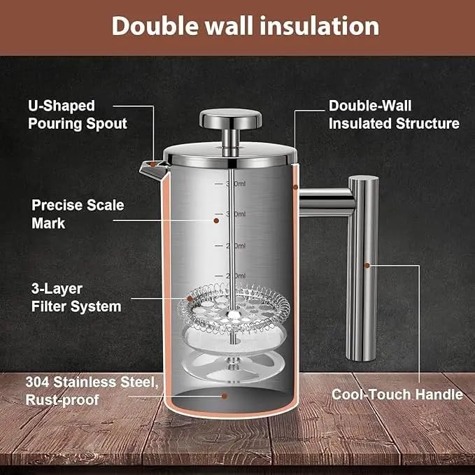 QNA French Press Coffee Maker Set, 20oz 304 Stainless Steel | Includes a coffee canister and extra filter for 4-layer filtration, making 5-6 cups of smooth coffee with fewer grounds.