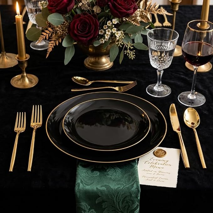 150Pcs Black Plastic Plates , Heavy Duty Black Plates for 30 Guests | Black Disposable Plastic Plates,Include 30 Dinner Plates,30 Dessert Plates and 90 Gold Cutlery Set for Party,Wedding