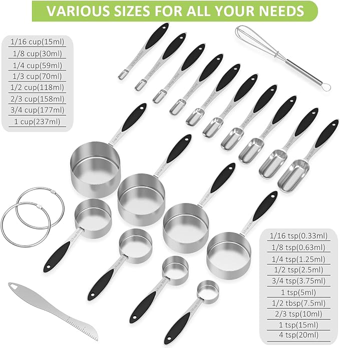 Measuring Cups and Measuring Spoons Set, Wildone Stainless Steel 8 Measuring Cups, 10 Measuring Spoons, 1 Leveler 1 Whisk & 5 Mini Spoons, for Dry and Liquid Ingredient - 25 Piece Black