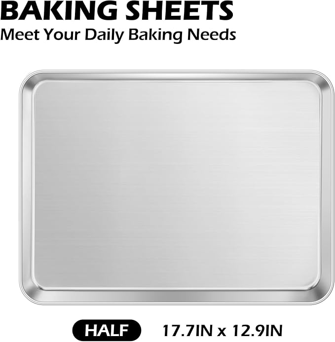 Leonyo Non-Toxic 17x13IN Half Stainless Steel Baking Sheets Pan, 2 Pack | Commercial-Grade 13x17IN Metal Half Cookies Sheet Pans For Baking, Toaster Oven Baking Trays For Food, Dishwasher Safe