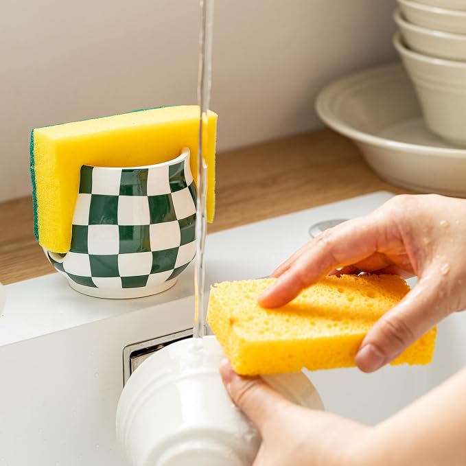 Zoeeker Kitchen Sponge Holder for Sink, Ceramic Checkered Sponge Organizer | Scrubby Caddy Dish Brush Holder Kitchen Storage Accessories for Countertop, Bathroom, Sink, Kitchen Decor, Green and White
